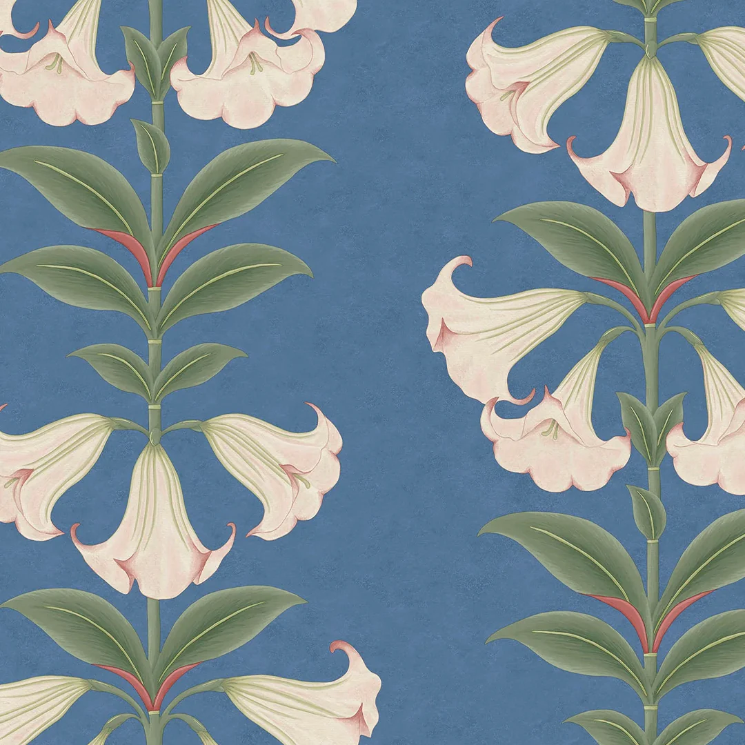 Carta da Parati “Angel’s Trumpet bejge e verde su fondo blu” | COLE & SON