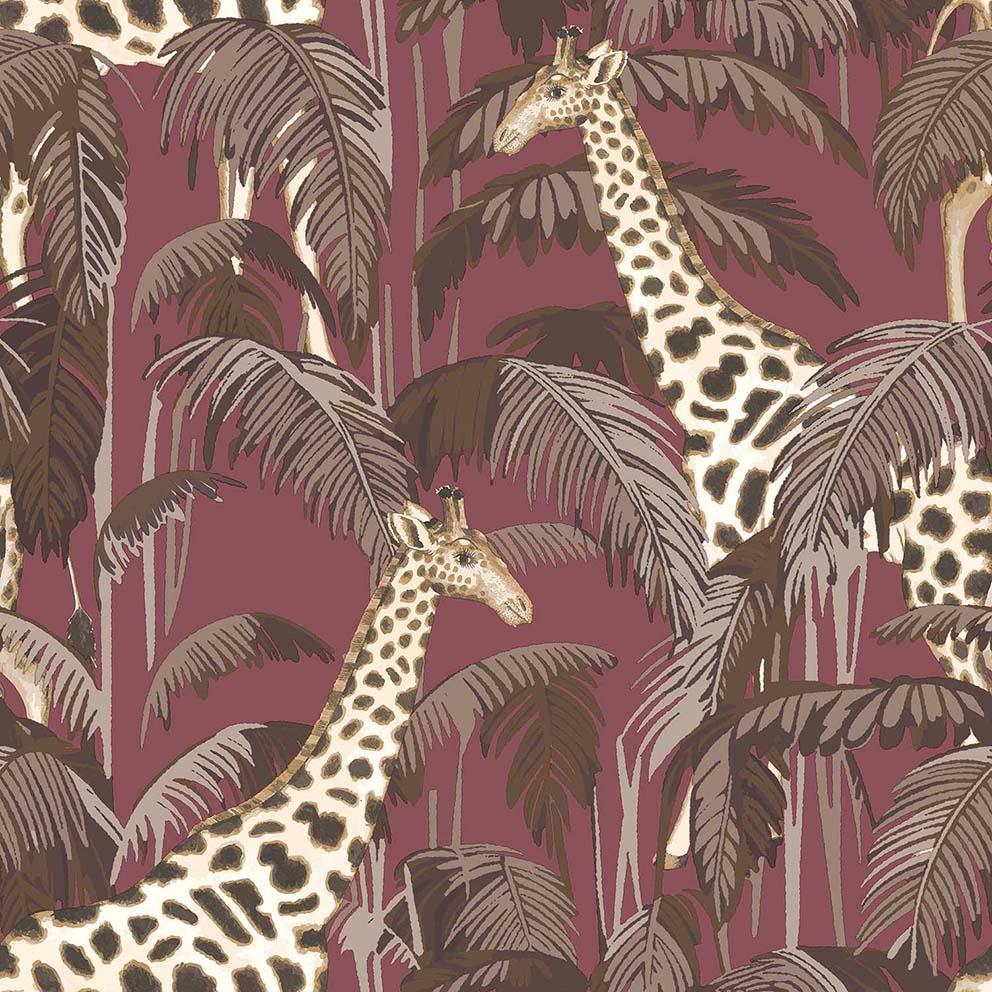 Carta da parati "BOTANY HOUSE GIRAFFE BORDEAUX", a metraggio o rotolo