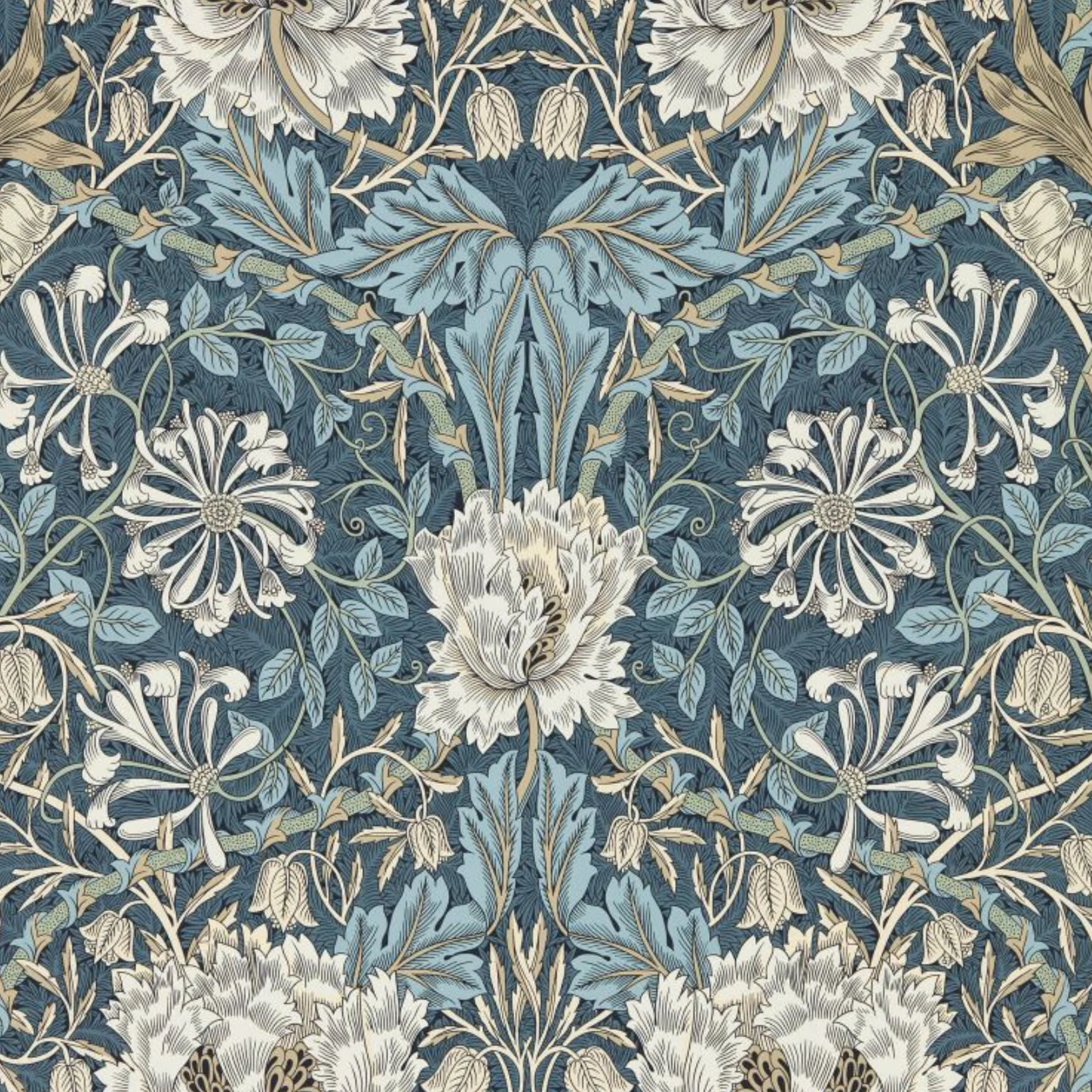 Carta da parati “Honeysuckle & Tulip” blu, catalogo Morris & Friends a metraggio o rotolo