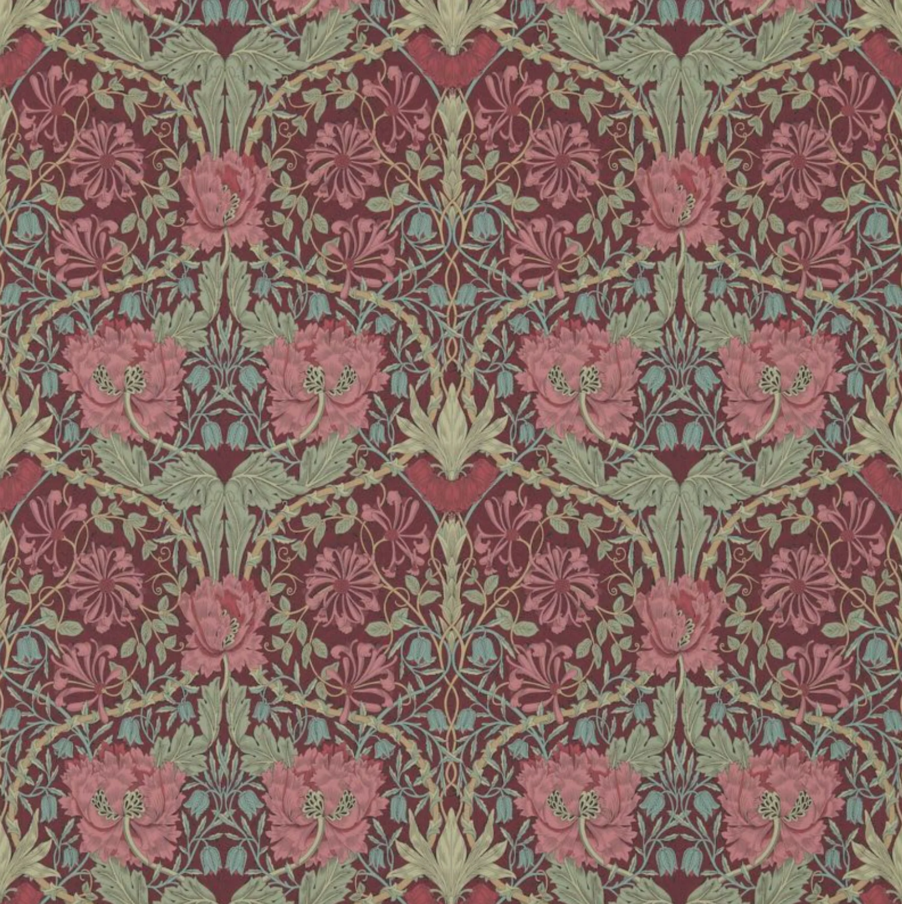 Carta da parati “Honeysuckle & Tulip” rossa e rosa, catalogo Morris & Friends a metraggio o rotolo (Copia)