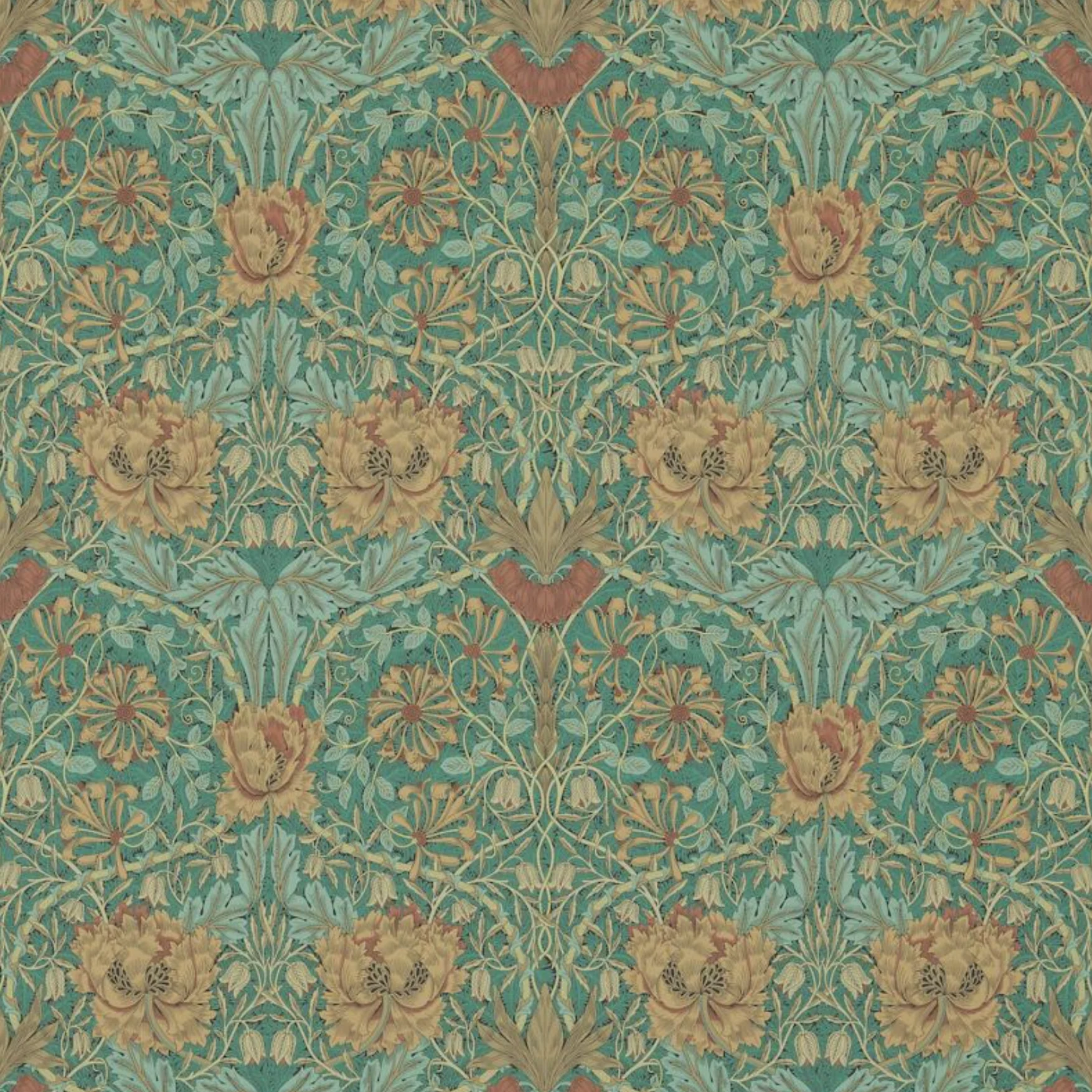 Carta da parati “Honeysuckle & Tulip” verde, catalogo Morris & Friends a metraggio o rotolo