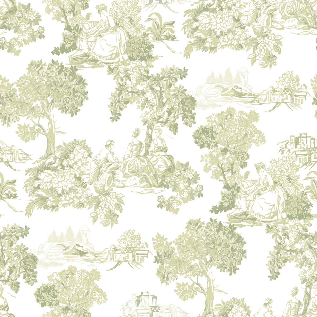 Carta da parati "Racconti Toile de Jouy verde" a metraggio o rotolo