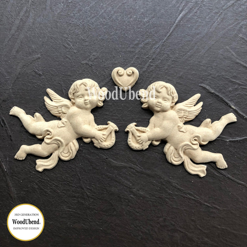 Coppia di Fregi Decorativi "Angeli con Cuore", WoodUbend