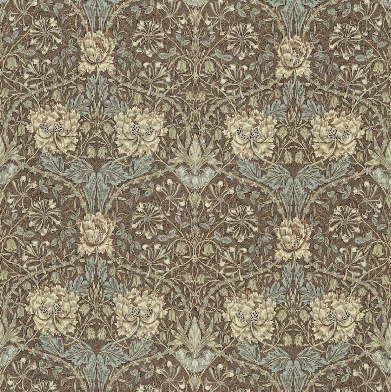 TESSUTO "HONEYSUCKLE & TULIP MARRONE" Morris & Co - Morris & Friends